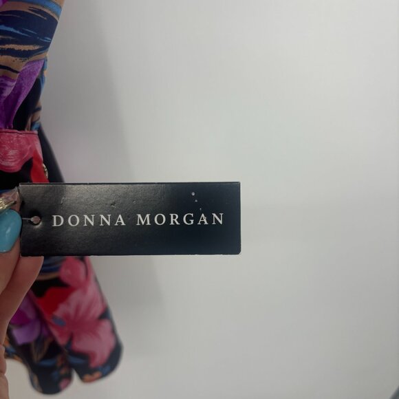 Donna Morgan High Asymmetric Neck Long Sleeve Mini Dress Lillies Black/Lilac 14 - Picture 7 of 8